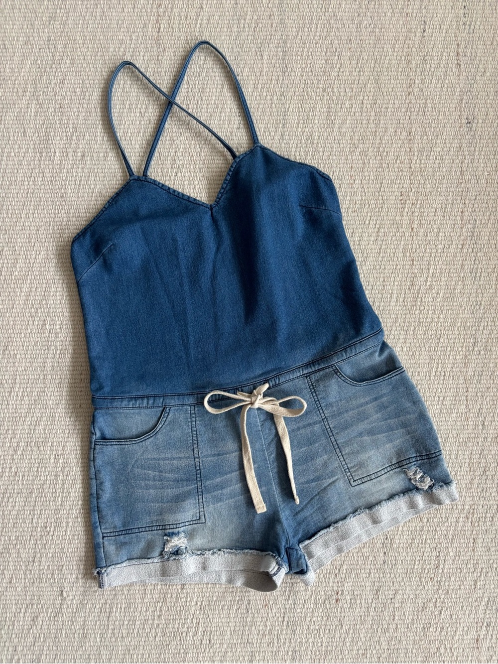 | Dance & Marvel | Two-Tone Blue Romper with Drawstring Waist Women’s size Small